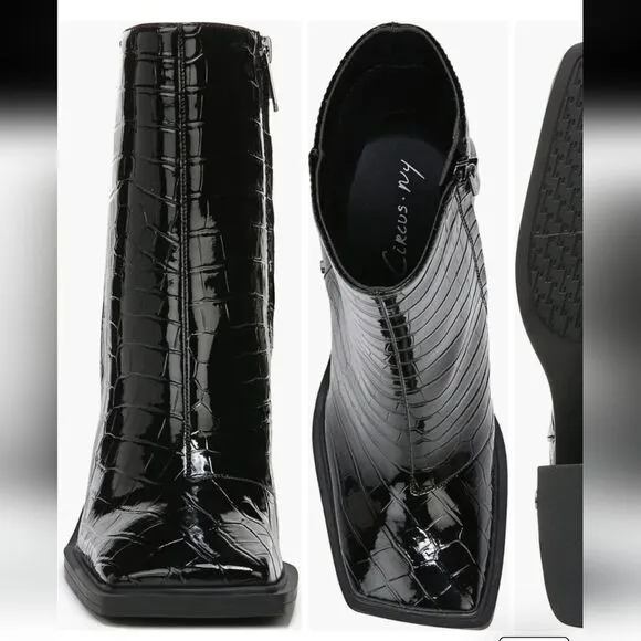 New Circus NY Layla Bootie (Women) black boots square toe zipper croc print 7.5