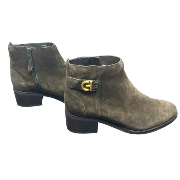 New Cole Haan Holis Brown Suede Bootie Gold Buckle Side Zip W29147 Women's 6B
