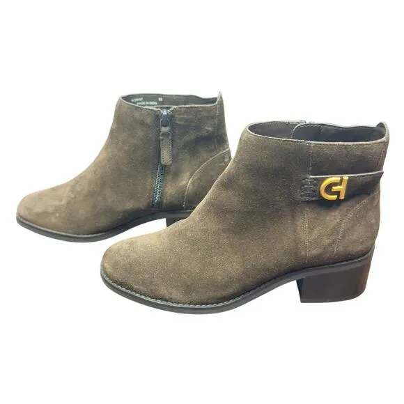 New Cole Haan Holis Brown Suede Bootie Gold Buckle Side Zip W29147 Women's 6B