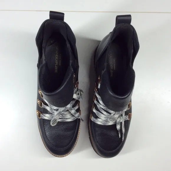 New Cole Haan Zerogrand Explorer Black Leather Wedge Lace Up Boots Women 7