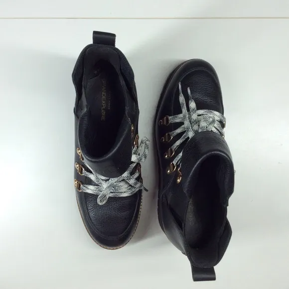 New Cole Haan Zerogrand Explorer Black Leather Wedge Lace Up Boots Women 7