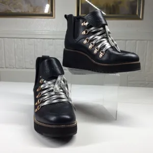 New Cole Haan Zerogrand Explorer Black Leather Wedge Lace Up Boots Women 7