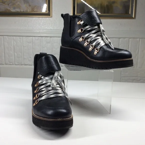 New Cole Haan Zerogrand Explorer Black Leather Wedge Lace Up Boots Women 7