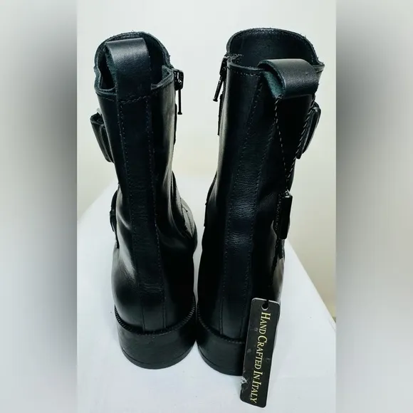 NEW Emanuele Crasto Women’s Double Buckle Moto  Black Leather Boots Size 8 / 39
