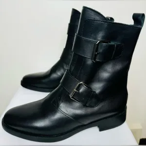 NEW Emanuele Crasto Women’s Double Buckle Moto  Black Leather Boots Size 8 / 39