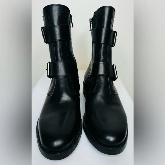 NEW Emanuele Crasto Women’s Double Buckle Moto  Black Leather Boots Size 8 / 39