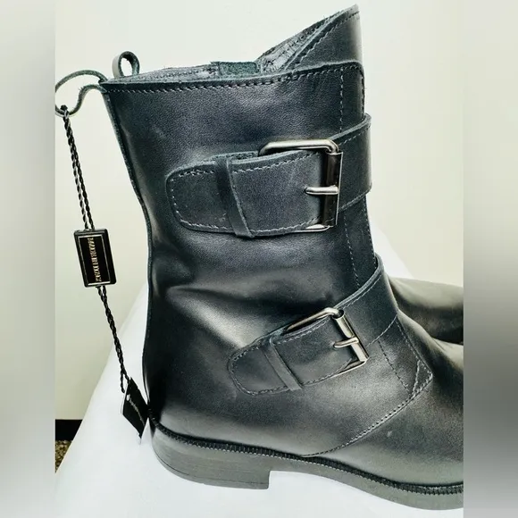 NEW Emanuele Crasto Women’s Double Buckle Moto  Black Leather Boots Size 8 / 39
