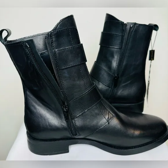 NEW Emanuele Crasto Women’s Double Buckle Moto  Black Leather Boots Size 8 / 39