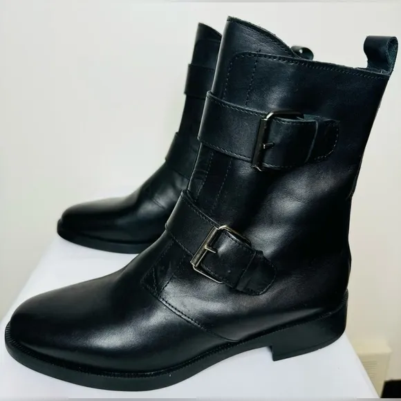 NEW Emanuele Crasto Women’s Double Buckle Moto  Black Leather Boots Size 8 / 39