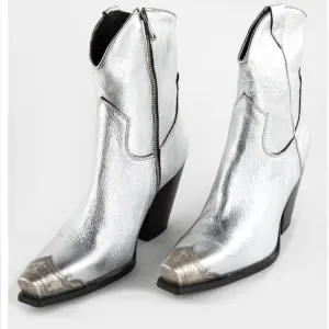 New Free People Brayden Western Boots Leather Ankle Heeled Steel Silver Sz 37
