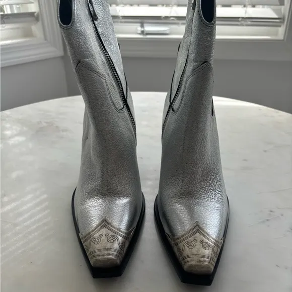 New Free People Brayden Western Boots Leather Ankle Heeled Steel Silver Sz 37