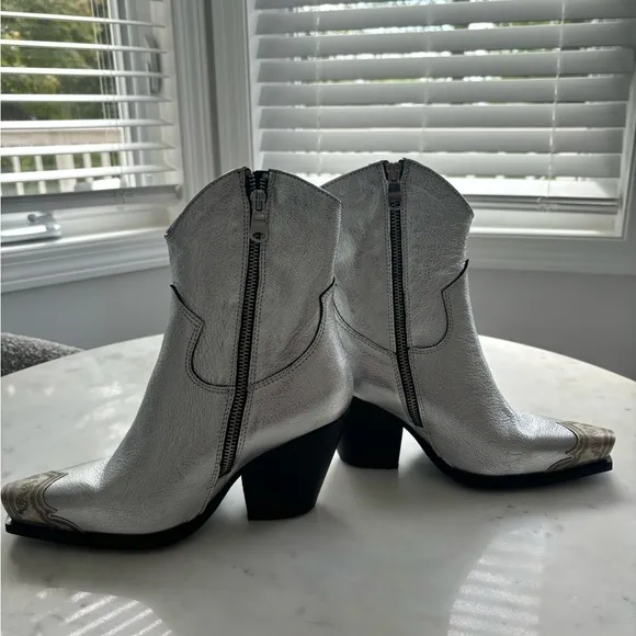 New Free People Brayden Western Boots Leather Ankle Heeled Steel Silver Sz 37