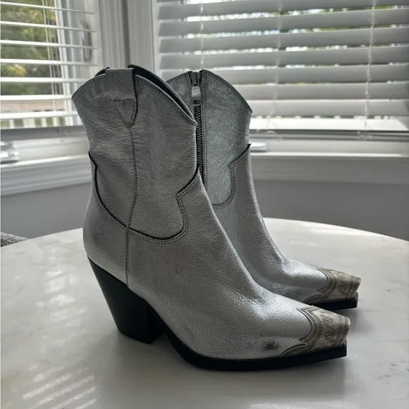 New Free People Brayden Western Boots Leather Ankle Heeled Steel Silver Sz 37