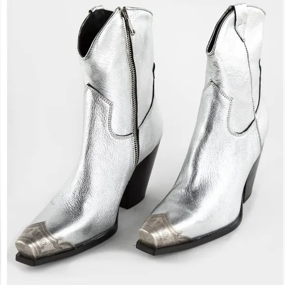 New Free People Brayden Western Boots Leather Ankle Heeled Steel Silver Sz 37