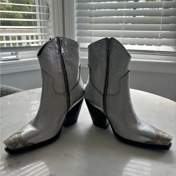 New Free People Brayden Western Boots Leather Ankle Heeled Steel Silver Sz 37