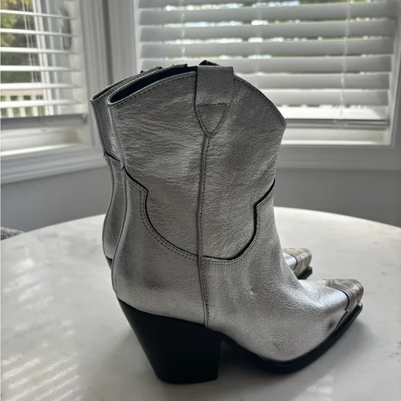 New Free People Brayden Western Boots Leather Ankle Heeled Steel Silver Sz 37