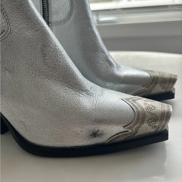 New Free People Brayden Western Boots Leather Ankle Heeled Steel Silver Sz 37