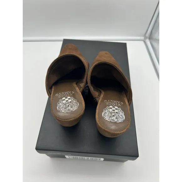 New Vince Camuto Carlie Suede Ruched Pointed Toe Block Heel Mule Brown Size 7M