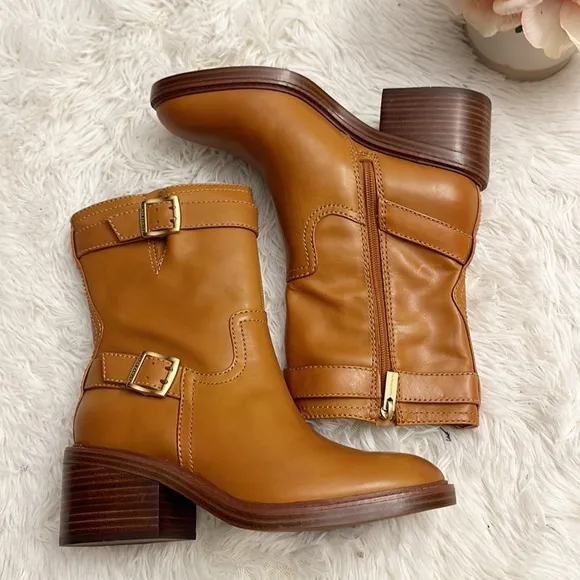 NEW Vince Camuto x Anthropologie Vergila Tan Leather Moto Ankle boots women sz 8