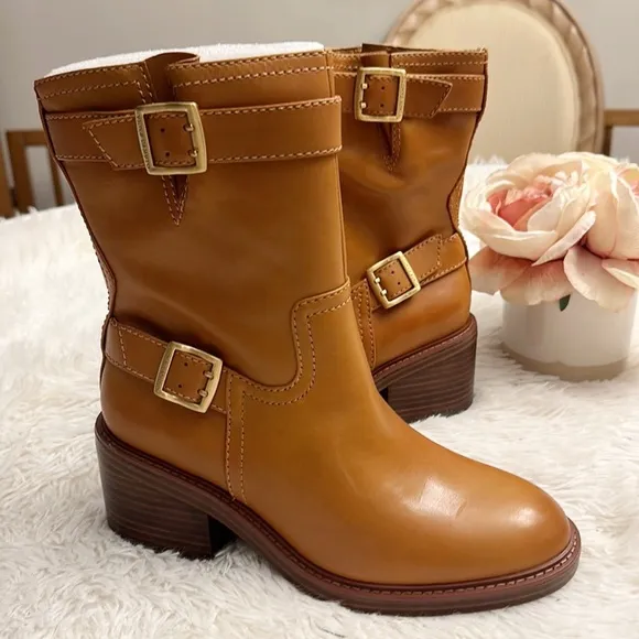 NEW Vince Camuto x Anthropologie Vergila Tan Leather Moto Ankle boots women sz 8