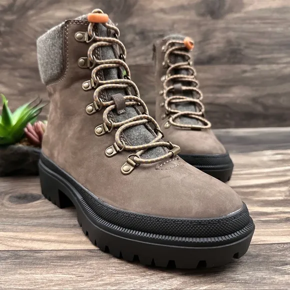 NIB Lucky Brand Eavan Lace Up Combat Boots Falcon Milled Nubuck Leather 8M