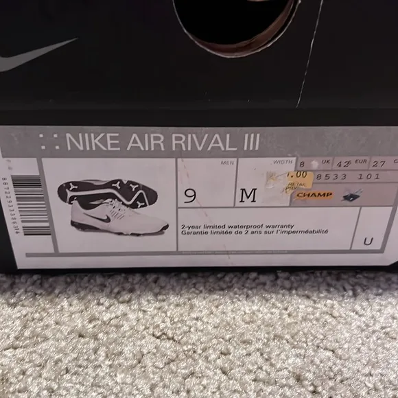 NIB Men's Nike Golf Air Rival III Golf Shoe, White/Grey, 9 628533 101