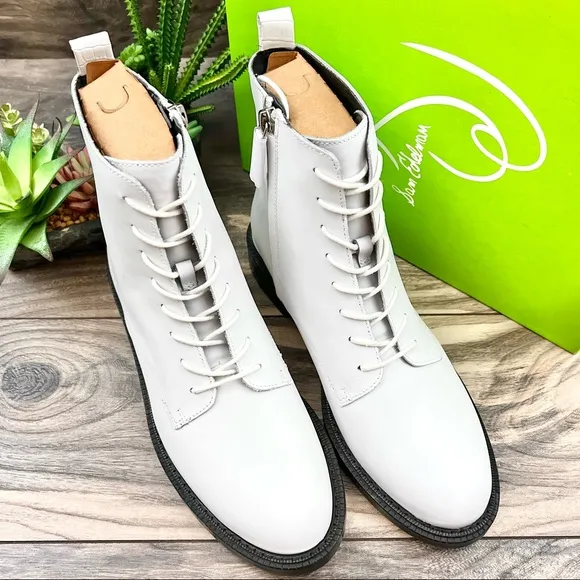 NIB Sam Edelman Nina Lace Up Ankle Combat Boots Bootie White Leather