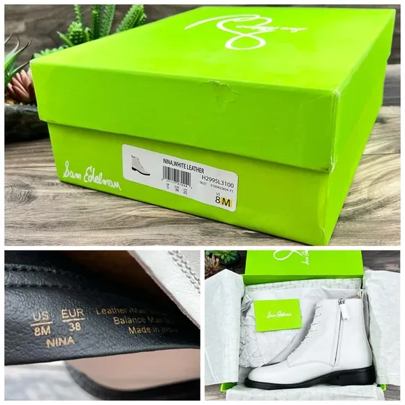 NIB Sam Edelman Nina Lace Up Ankle Combat Boots Bootie White Leather