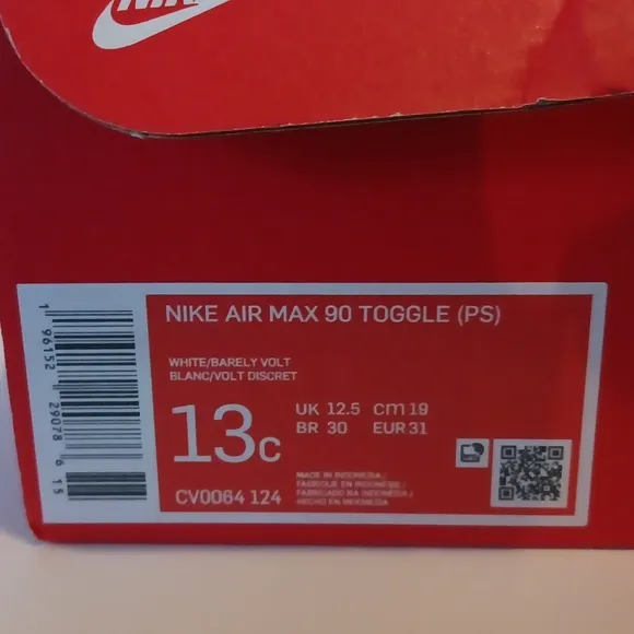 Nike Air Max 90 toggle PS White size 13c