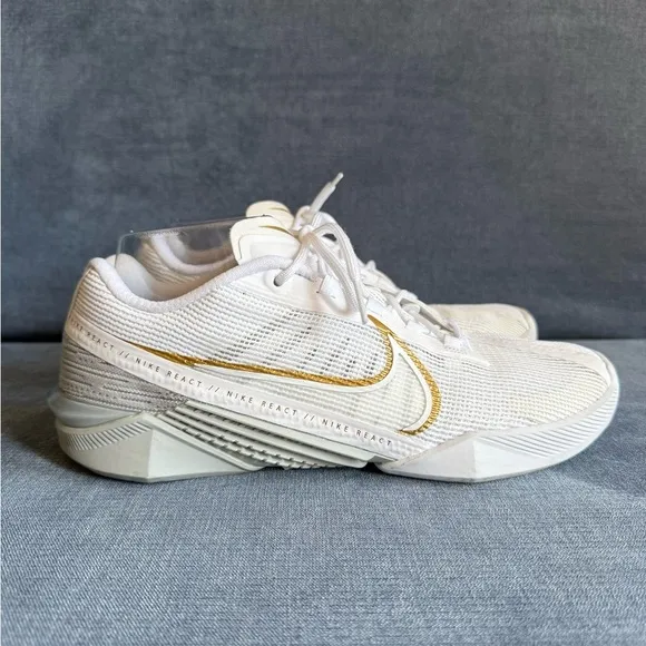 Nike Womens React Metcon Turbo White Gold Training Lace Up Athletic Shoes SZ9.5