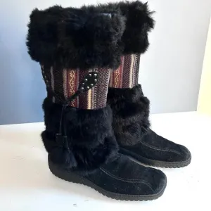 Nine West shearling boots size 8.5 black tassel fur vintage leather snow lug
