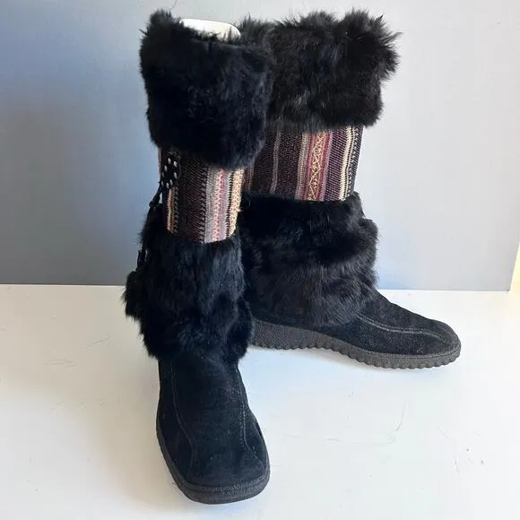 Nine West shearling boots size 8.5 black tassel fur vintage leather snow lug
