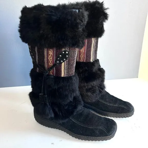 Nine West shearling boots size 8.5 black tassel fur vintage leather snow lug