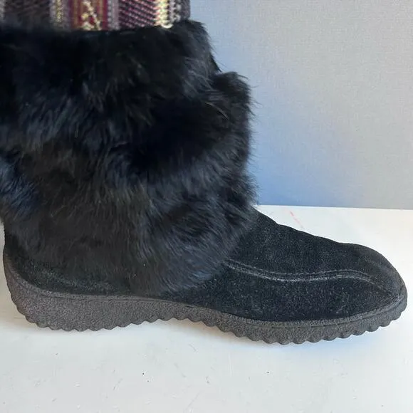 Nine West shearling boots size 8.5 black tassel fur vintage leather snow lug