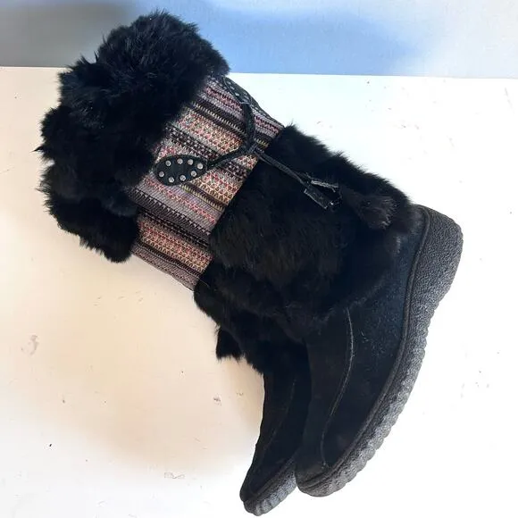 Nine West shearling boots size 8.5 black tassel fur vintage leather snow lug