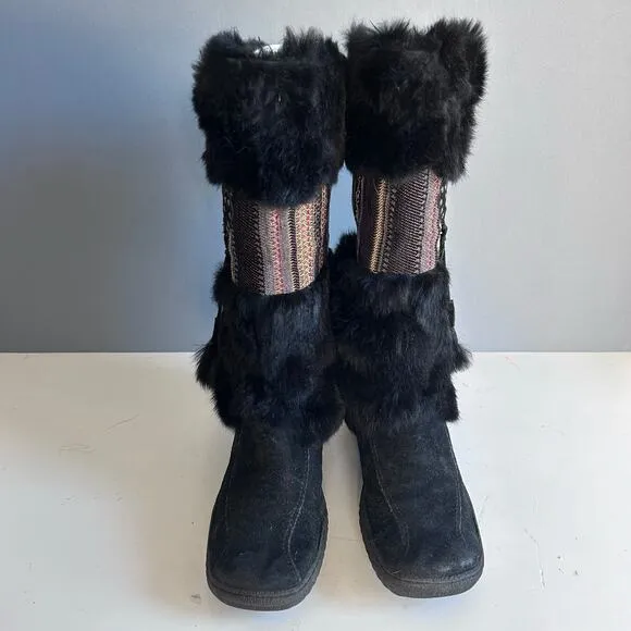 Nine West shearling boots size 8.5 black tassel fur vintage leather snow lug