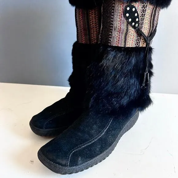 Nine West shearling boots size 8.5 black tassel fur vintage leather snow lug