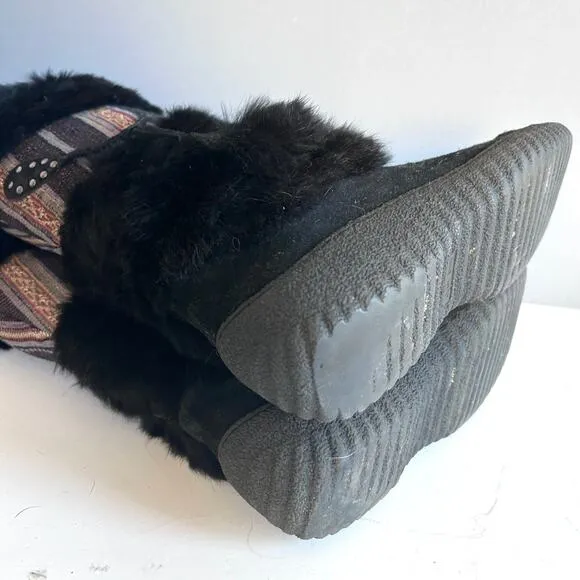 Nine West shearling boots size 8.5 black tassel fur vintage leather snow lug