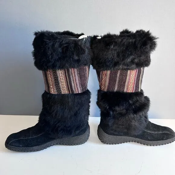 Nine West shearling boots size 8.5 black tassel fur vintage leather snow lug