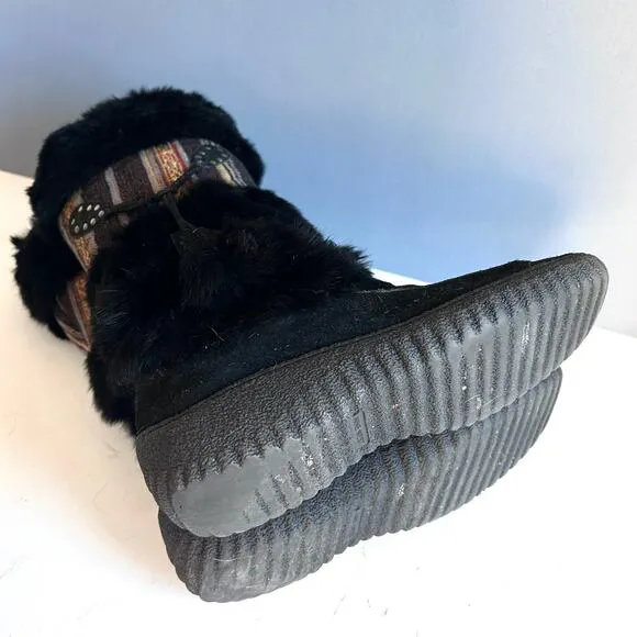 Nine West shearling boots size 8.5 black tassel fur vintage leather snow lug