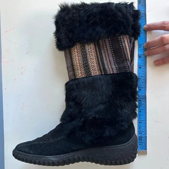 Nine West shearling boots size 8.5 black tassel fur vintage leather snow lug