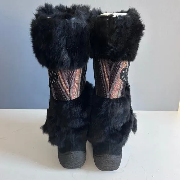 Nine West shearling boots size 8.5 black tassel fur vintage leather snow lug