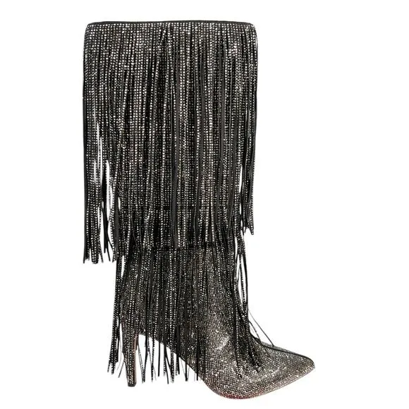 NWOT INC Women’s Ishani Silver Rhinestone Fringe Stilleto Boot Size US 9