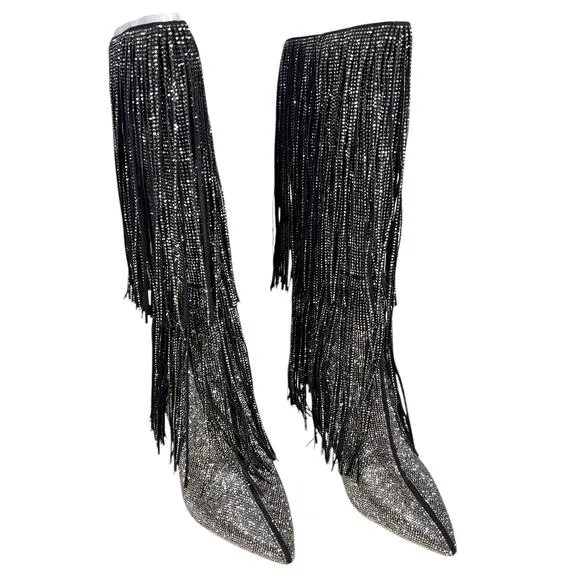 NWOT INC Women’s Ishani Silver Rhinestone Fringe Stilleto Boot Size US 9