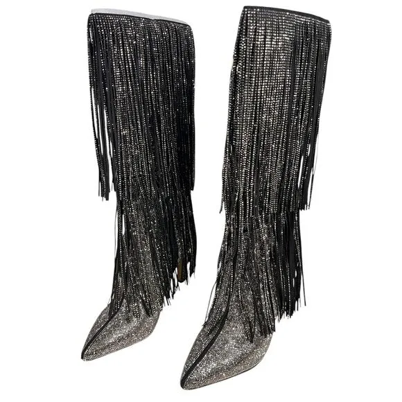 NWOT INC Women’s Ishani Silver Rhinestone Fringe Stilleto Boot Size US 9