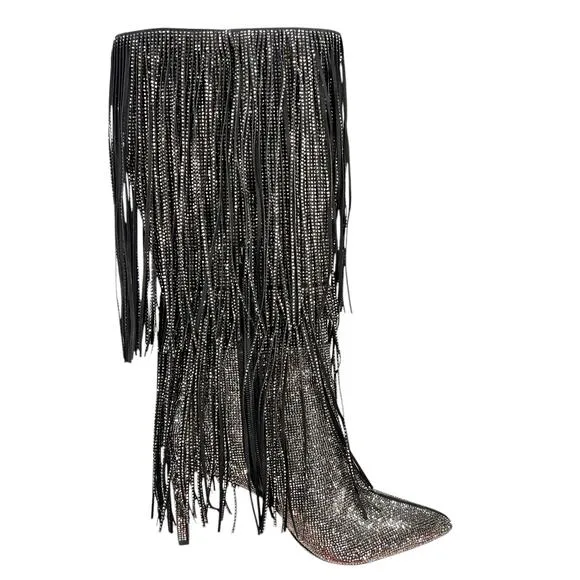 NWOT INC Women’s Ishani Silver Rhinestone Fringe Stilleto Boot Size US 9