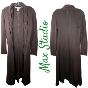 NWOT MAX STUDIO Open Cardigan Sweater Duster Chocolate Brown Shawl Collar, XS