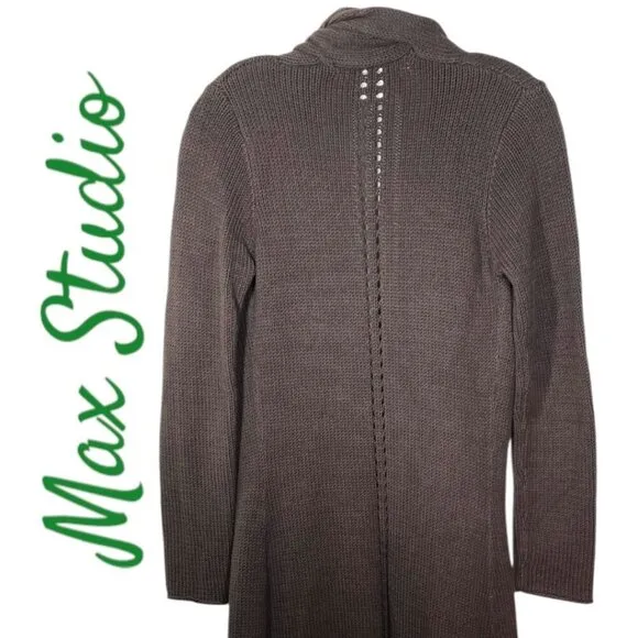 NWOT MAX STUDIO Open Cardigan Sweater Duster Chocolate Brown Shawl Collar, XS