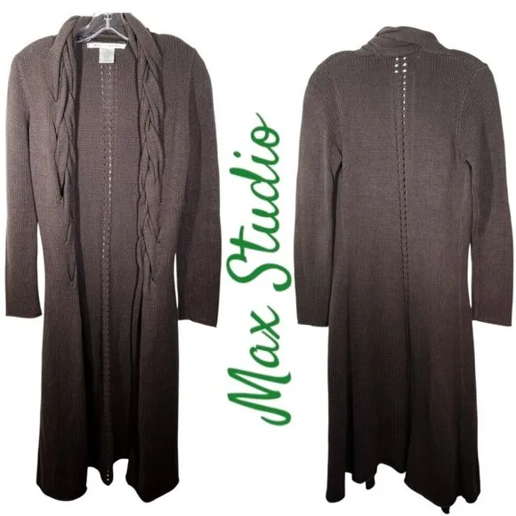 NWOT MAX STUDIO Open Cardigan Sweater Duster Chocolate Brown Shawl Collar, XS
