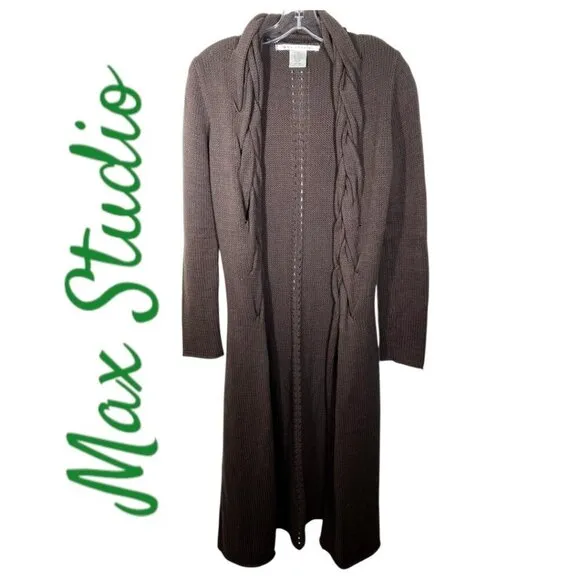 NWOT MAX STUDIO Open Cardigan Sweater Duster Chocolate Brown Shawl Collar, XS